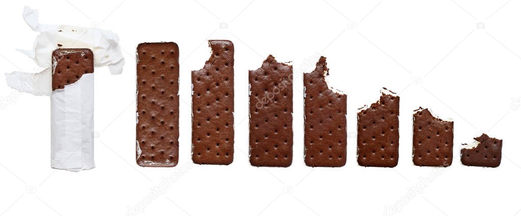 Progression of opened whole Chocolate and Vanilla ice cream cookie sandwich still in the wrapper to eaten wafer isolated over a white background and.