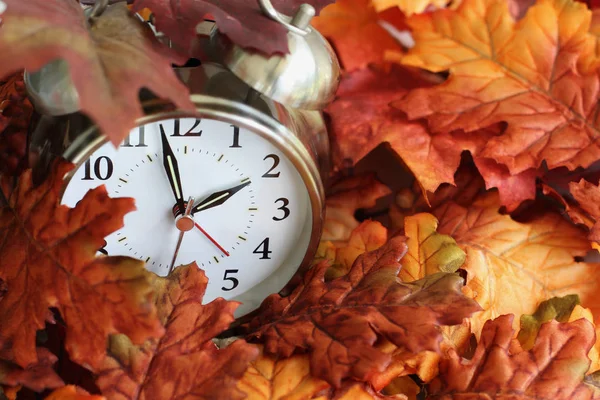 Vintage Wecker Unter Bunten Herbstblättern Mit Geringer Schärfentiefe Begraben Sommerzeit — Stockfoto