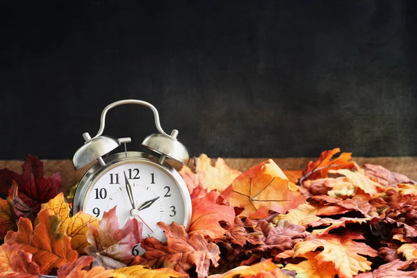 Будильник Красочных Осенних Листьях Темном Фоне Мелкой Глубиной Резкости Переход — стоковое фото