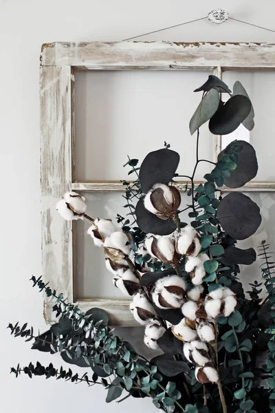 Eukalyptus Und Baumwollstämme Vor Einem Alten Bauernhausfenster — Stockfoto