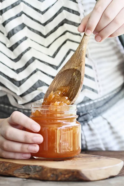 Young Woman Hands Putting Spoonful Cantaloupe Jam Jar Part Process — Stock Photo, Image