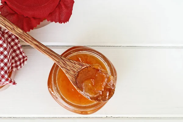 Overhead Shot Wooden Spoon Full Homemade Cantaloupe Jam Resting Open — Stock Photo, Image