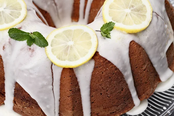 Gâteau Fromage Crème Citron Entier Avec Tranches Citrons Frais Menthe — Photo