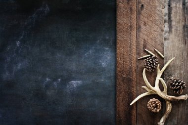 Gerçek beyaz kuyruk geyik boynuzları avcılar tarafından av çam kozalakları ve.308 tüfek mermileri siyah bir arka plan üzerinde bir rustik ahşap masa üzerinde diğer büyük paralar sarsmaya kullanılır. Metin için boş alan.