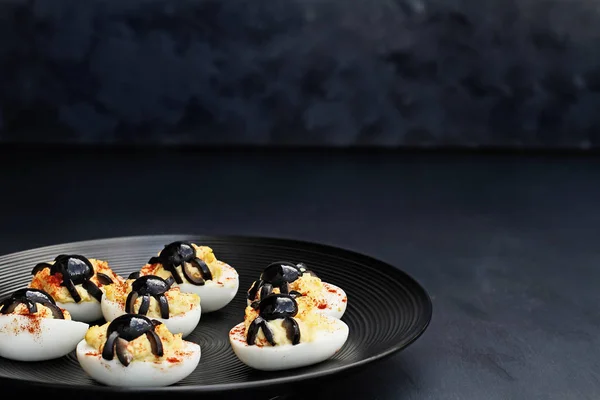 Fun Food Kids Halloween Boiled Eggs Black Olive Spiders Top — Stock Photo, Image