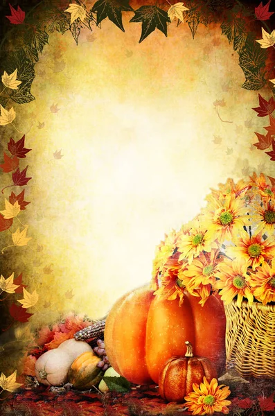 照片的基础上的一个感恩节的背景与一篮子鲜花 水果和蔬菜 文本的自由复制空间 — 图库照片