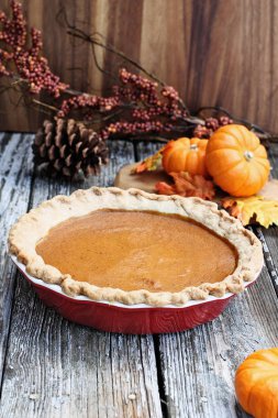 Ev yapımı kabak pasta rustik ahşap arka plan üzerinde kırmızı seramik pasta plaka. Alan seçici odak ile aşırı sığ derinliği.