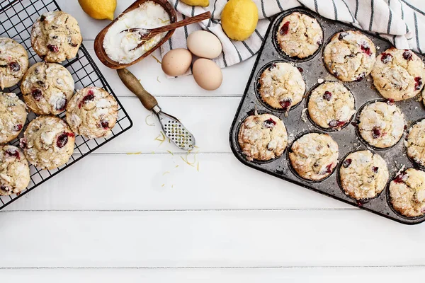 Cranberry Muffins Muffin Tin Fresh Eggs Sugar Lemons Lemon Zest — Stock Photo, Image