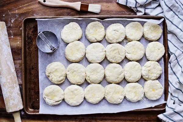 Raw Buttermilk Southern Biscuit Scone Dough Scratch Rolling Pin Basting — Stock Photo, Image