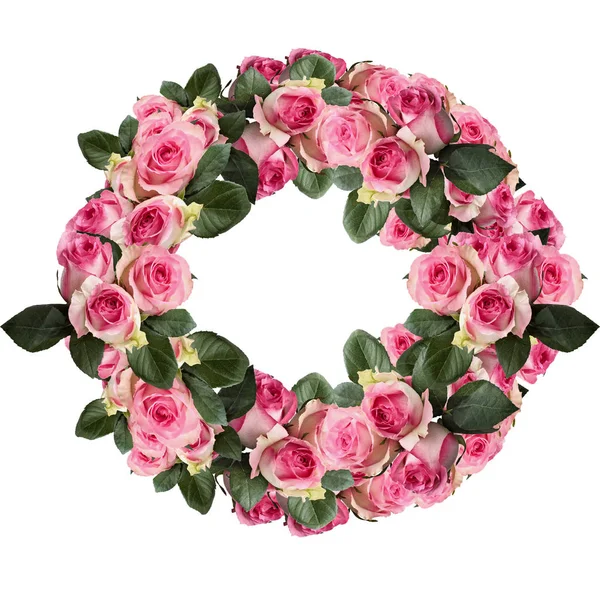 Wunderschöner Rosa Und Weißer Rosenkranz Mit Blättern Die Auf Weißem — Stockfoto