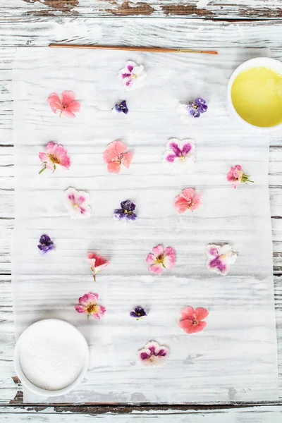 Ingredients for Making Homemade Sugared or Crystallized Flowers — Stock Photo, Image