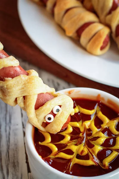 Upside Down Halloween Mummy Hot Dog — Stock Photo, Image