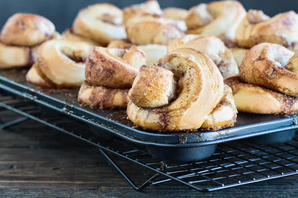 Rolos de canela gourmet alto cozido no forno fresco em uma lata de muffin — Fotografia de Stock