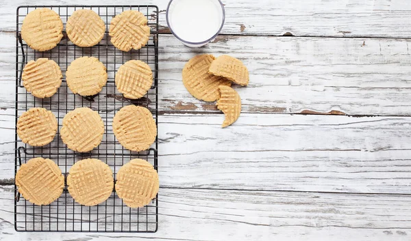 Top View Fresh Baked Homemade Peanut Butter Cookies Milk White — Stock Photo, Image