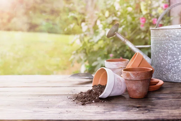Terracotta Pots Soil Gardening Bench Outdoors Sunny Summer Day Extreme — Stock Photo, Image