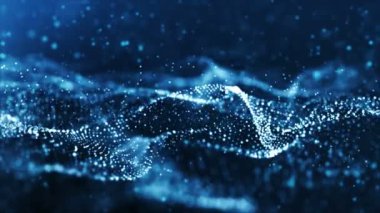 Dijital mavi renkli dalga parçacıklar ve bokeh arka plan