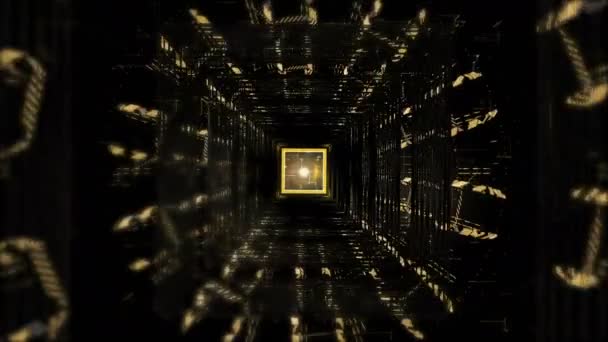 有线条和光线的金色和黑色运动图形背景的方形隧道 — 图库视频影像