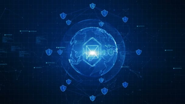 サイバー セキュリティの概念 セキュリティで保護されたグローバル ネットワーク上の盾および電子メールのアイコン Nasa から提供された地球の要素 — ストック動画