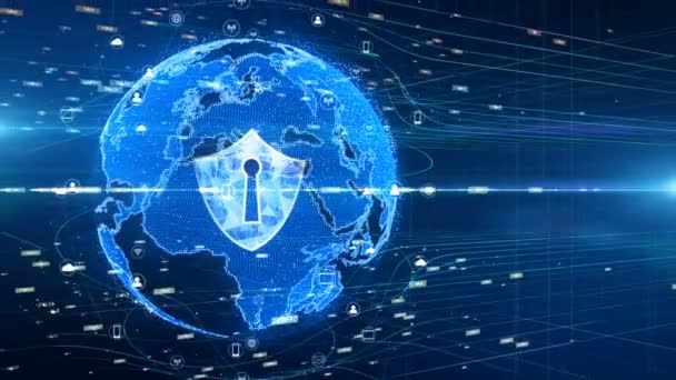 Ikona Tarczy Bezpieczne Sieci Globalnej Koncepcja Bezpieczeństwa Cybernetycznego Earth Element — Wideo stockowe