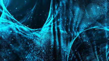 Dijital mavi renkli parçacıklar hareket arka plan dalga