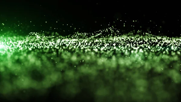 Abstract green color digital particles wave with dust and light