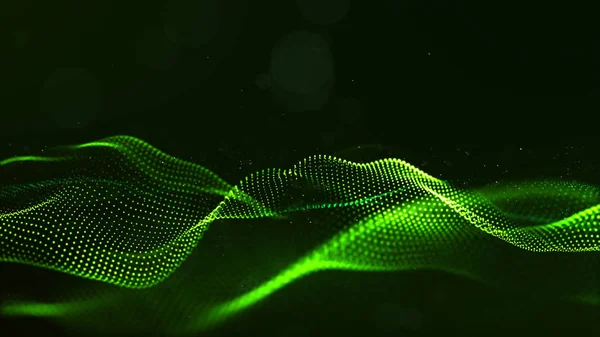 Abstrato cor verde onda de partículas digitais com poeira e luz — Fotografia de Stock