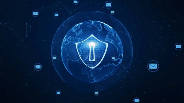 Ícone de proteção e e-mail na rede global segura, segurança cibernética — Fotografia de Stock