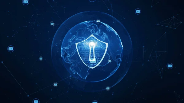 Icono de escudo y correo electrónico en una red global segura, Seguridad cibernética — Foto de Stock