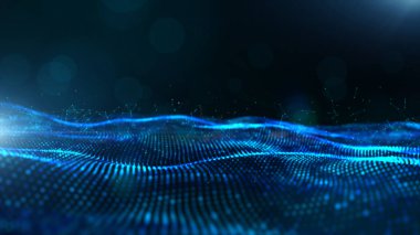 Bokeh ve ışık ile soyut mavi renk dijital parçacıklar dalga 