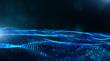 Bokeh ve ışık ile soyut mavi renk dijital parçacıklar dalga 