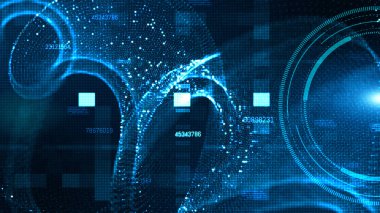 Hi-tech Hud ve mavi renkli dijital parçacıklar akış futu ile veri