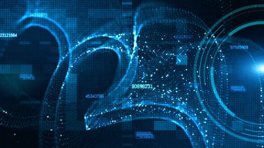 Hi-tech Hud ve mavi renkli dijital parçacıklar akış futu ile veri