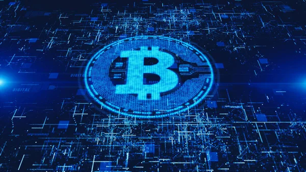 Bitcoin sinal de moeda no ciberespaço digital, Negócios e Techno — Fotografia de Stock