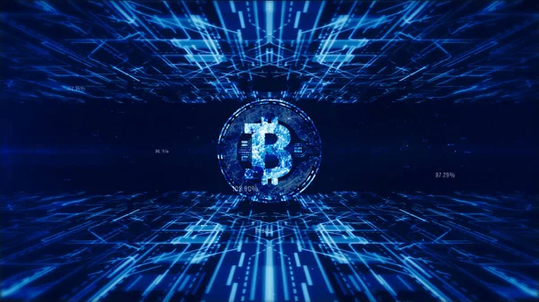 Firma valuta Bitcoin nel cyberspazio digitale, Business e Techno — Foto Stock