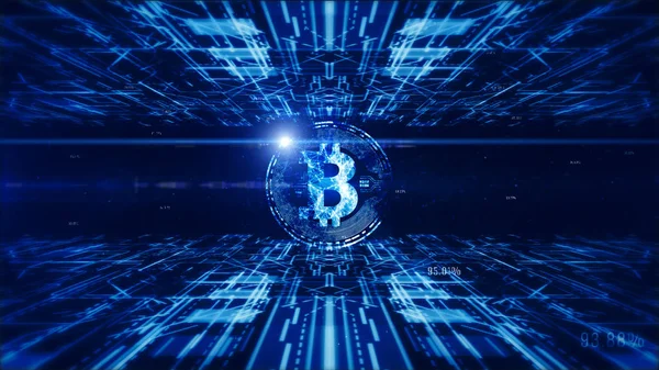 Firma valuta Bitcoin nel cyberspazio digitale, Business e Techno — Foto Stock