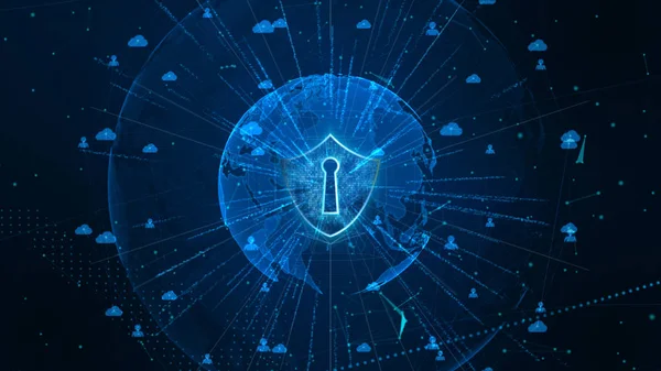 Shield Icon on Secure Global Network, Cyber Security and Protec — стоковое фото