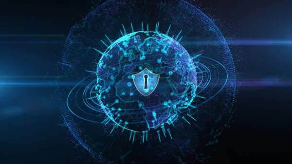 Icona scudo su rete globale sicura, sicurezza informatica e protezione — Foto Stock