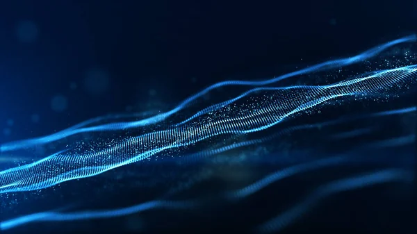 Abstrato azul cor digital partículas onda com bokeh e luz — Fotografia de Stock