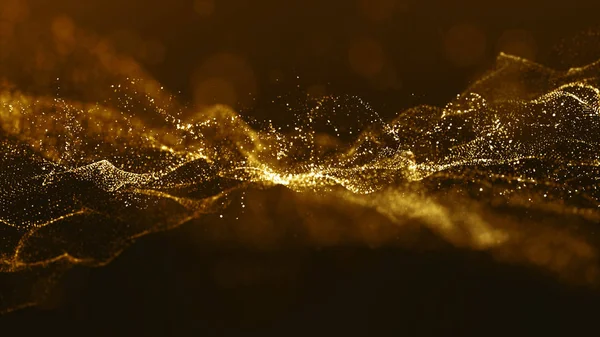 Partículas digitales abstractas de color oro con onda bokeh y luz — Foto de Stock