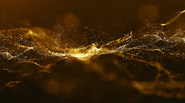 Abstract gold color digital particles wave with bokeh and light