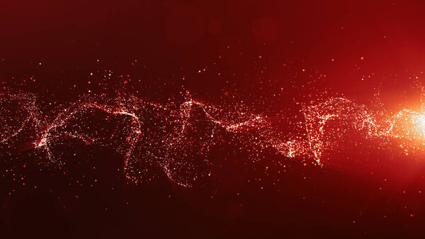 Abstract red color digital particles wave with bokeh and light b