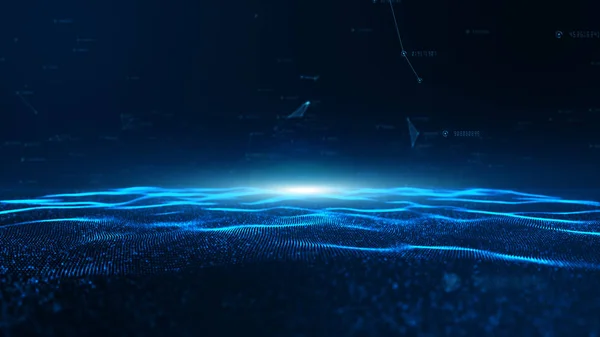 Абстрактна синя хвиля цифрових частинок та мережа цифрових даних — стокове фото