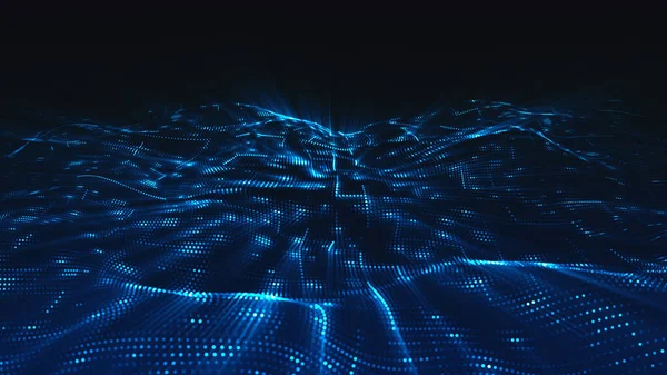 Blue digital particles wave flow and light, Digital cyberspace abstract background