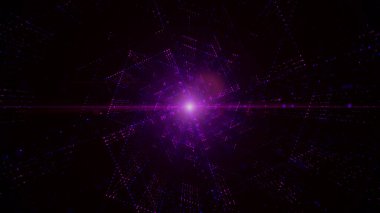 Parçacıklar ve ışıklandırma ile sanal uzayın dijital tüneli, Teknoloji ağı bağlantıları soyut arkaplan kavramı.