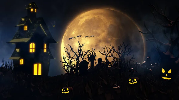 万圣节的背景是闹鬼的房子 蝙蝠和南瓜 在雾蒙蒙的夜晚恐怖的天空中与奇异的大月亮 3D渲染 — 图库照片
