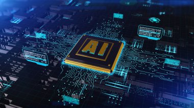 AI (Yapay Zeka) konsepti, yüksek hızlı bağlantı veri analizi, Gelecek Teknolojisi dijital arkaplanı ile bilgisayar çipinin 3D görüntülenmesi