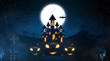 Cadılar Bayramı arka planı perili ev, yarasalar ve balkabakları, mezarlar, sisli bir gecede gökyüzünde fantastik büyük ay ile ürkütücü..