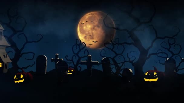 Fondo Halloween Con Casa Embrujada Murciélagos Calabazas Tumbas Noche Brumosa — Vídeos de Stock