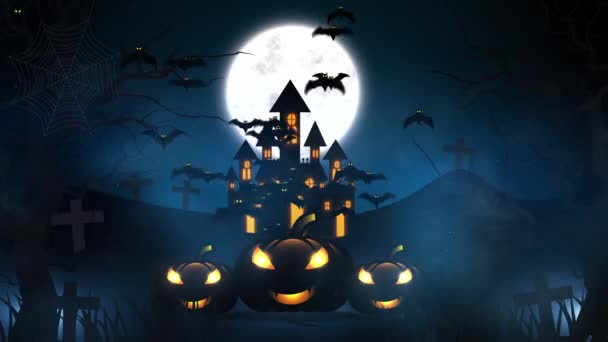 Halloween Tle Nawiedzonym Domu Nietoperze Dynie Groby Mglistej Nocy Straszne — Wideo stockowe