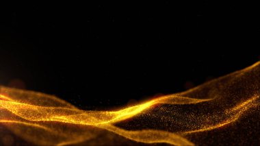 Abstract glowing golden particle wave on black background, perfect for tech, luxury, or digital background use. 3d rendering background